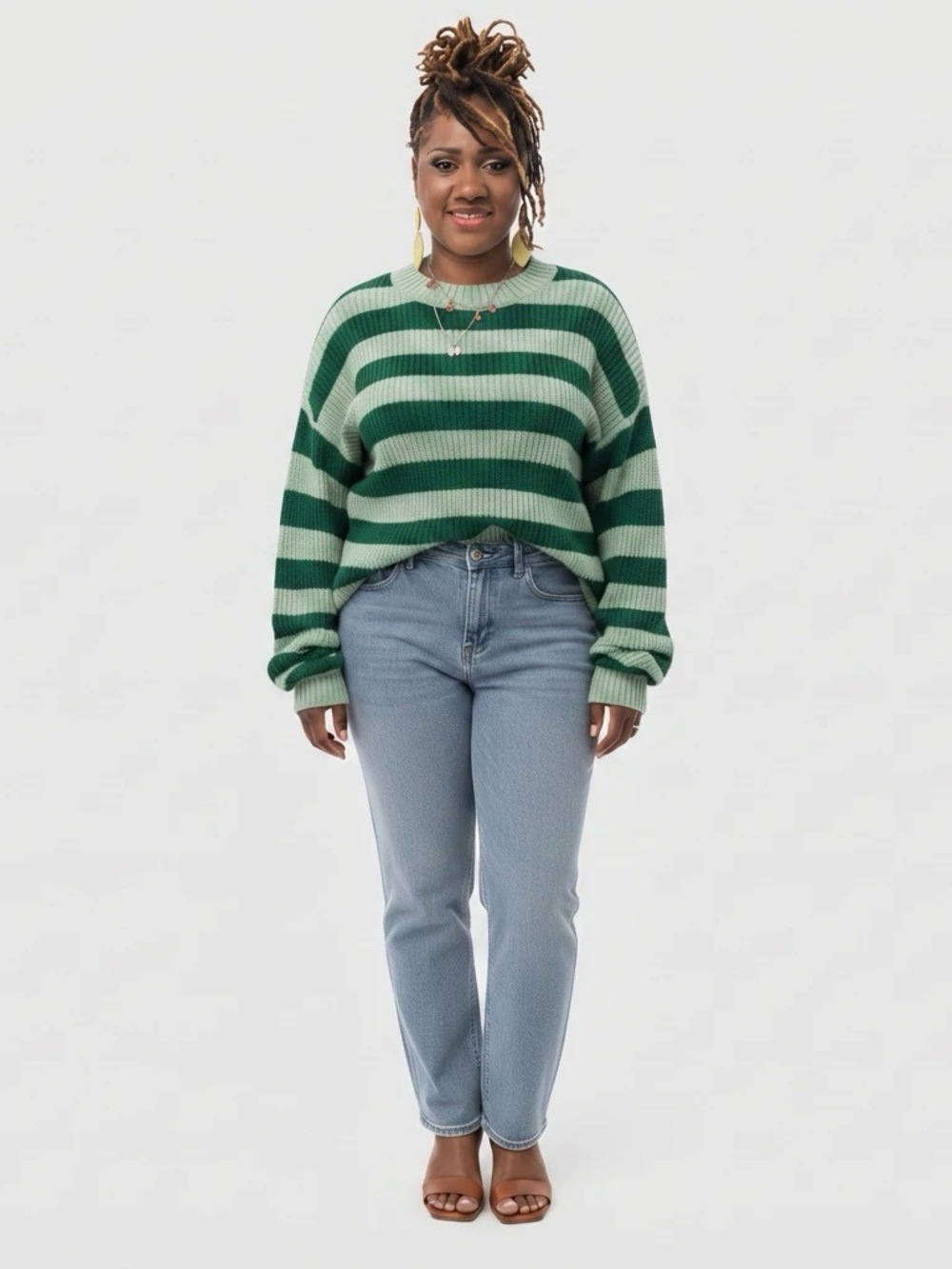 SHEIN Green Striped Crew Neck Sweater